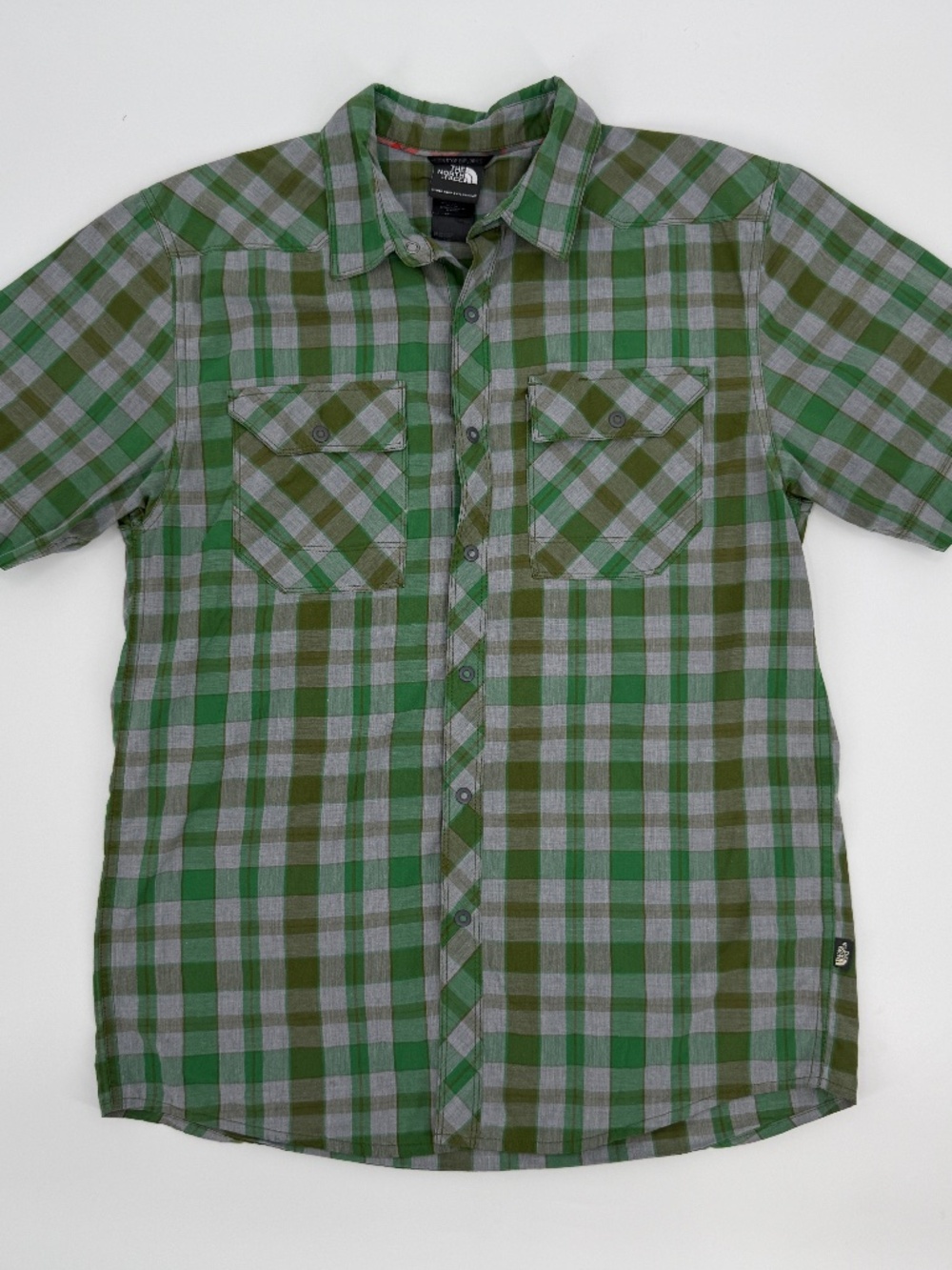The North Face Plaid Snap Shirt  Green Gray Short Sleeve Hiking Trail Men S